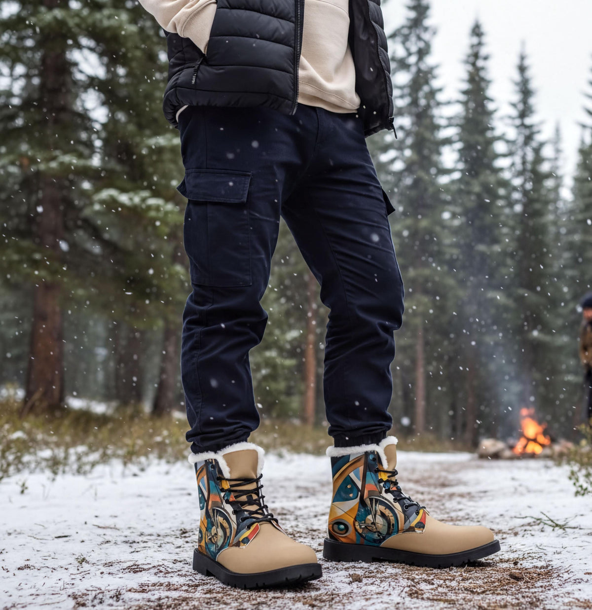 A person wearing a black vest and blue pants stands in a snowy forest, with a pair of colorful boots on their feet.