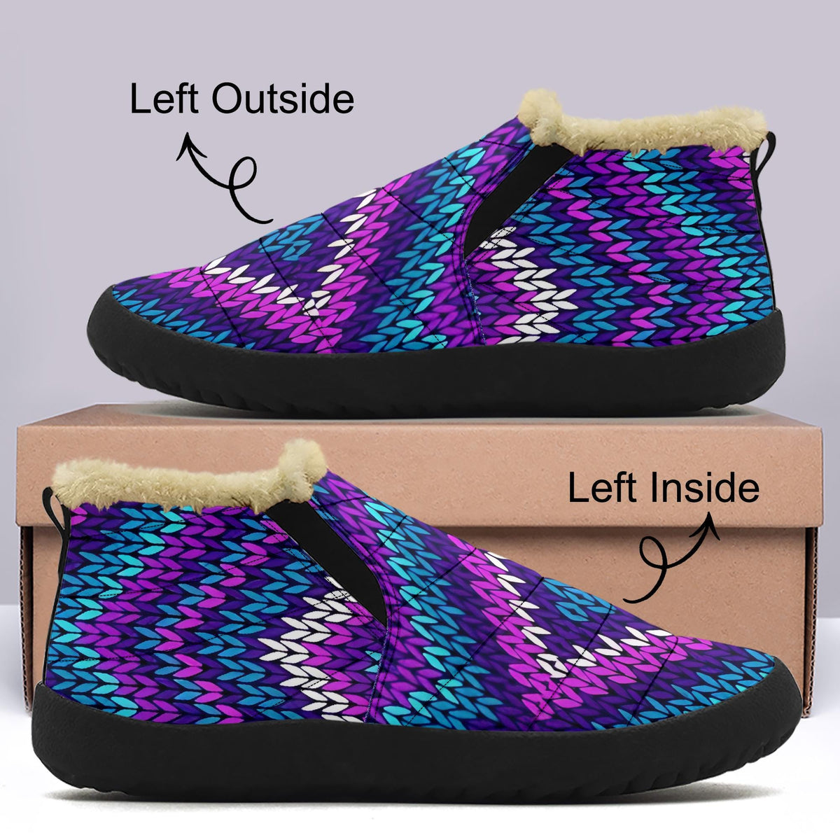 a pair of colorful, knitted slippers with a fur lining. The left side of the slippers is labeled "Left Outside" and the right side is labeled "Left Inside".