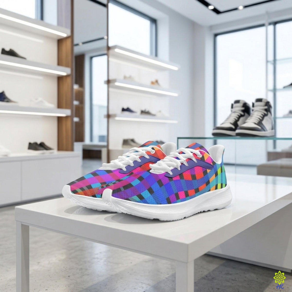 Baskets à carreaux à imprimé géométrique coloré présentées en paire sur une table de vente blanche