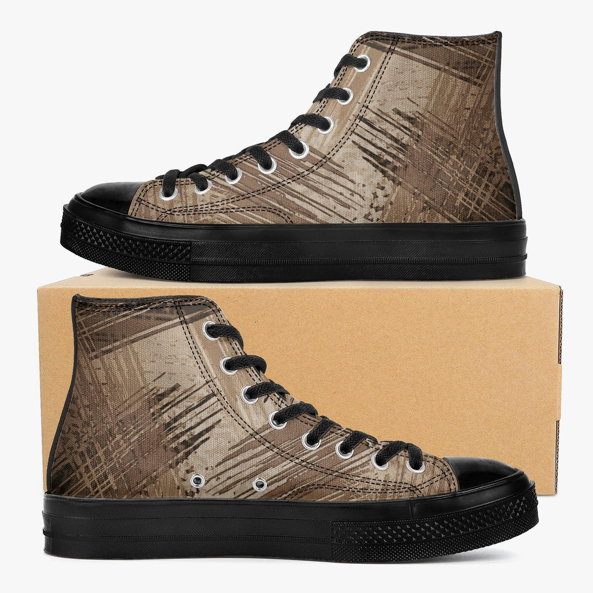 A pair of black and brown high-top sneakers with a textured pattern on the side.