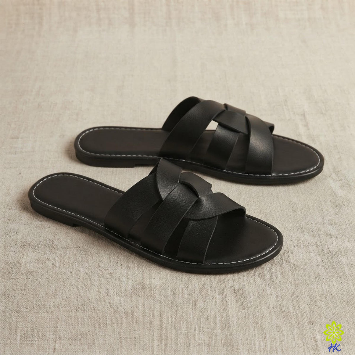 Geflochtene Slide-Sandalen für Damen, Kreuzriemen aus PU-Leder, offene Zehenpartie