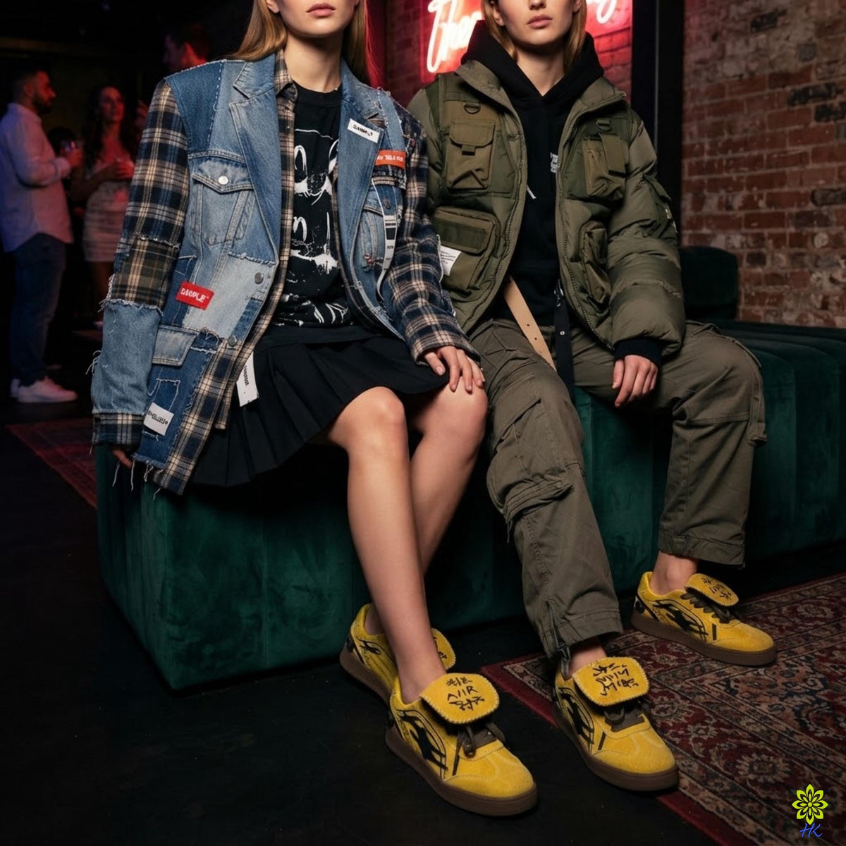 Two people sitting on a green couch, wearing denim jackets, black tops, and yellow sneakers.