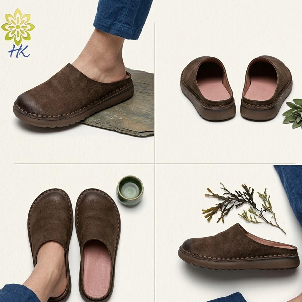 The image is a collage of four photos featuring a pair of brown slippers, a green cup, and some plants.