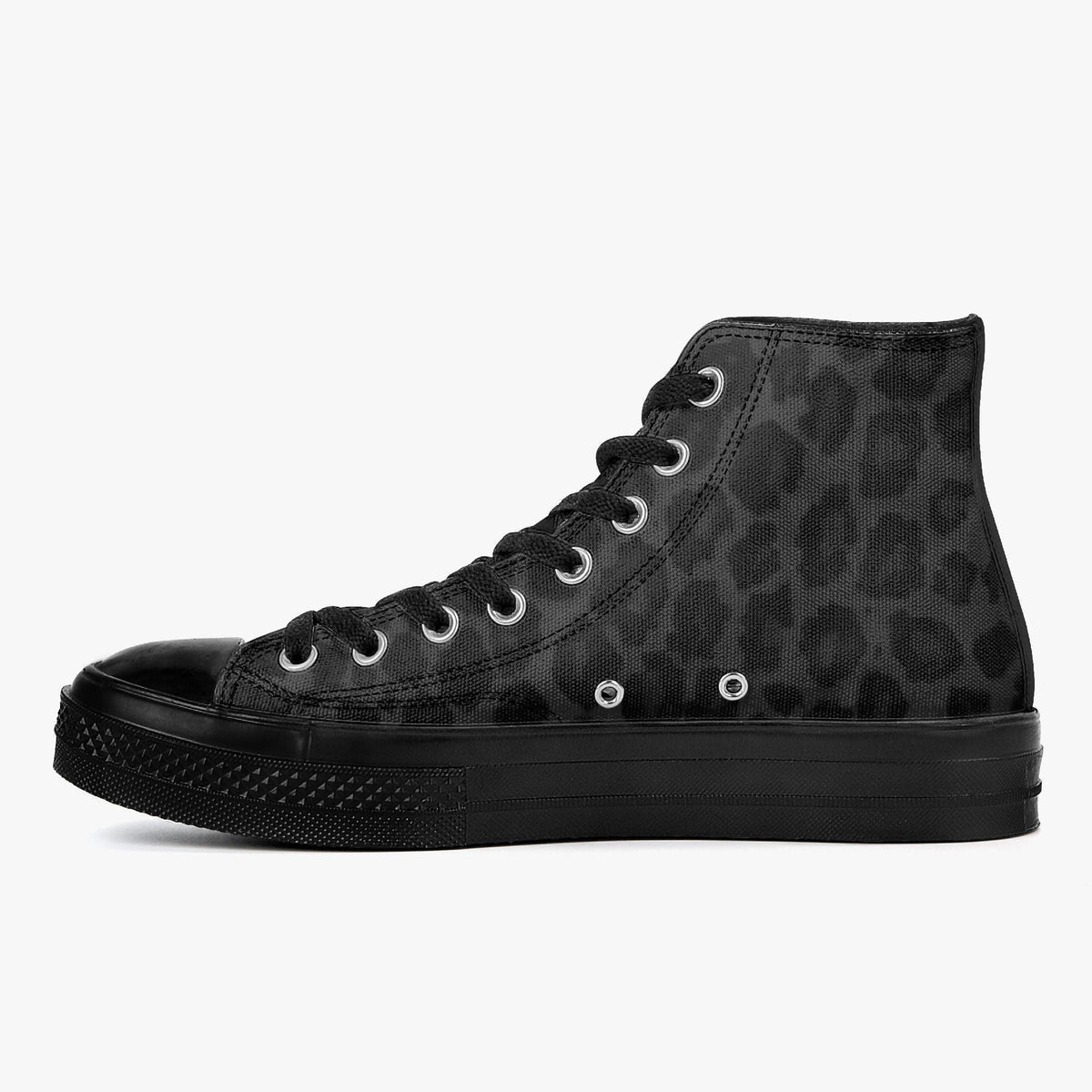 A black high-top sneaker with a leopard print pattern on the side and a black rubber sole.