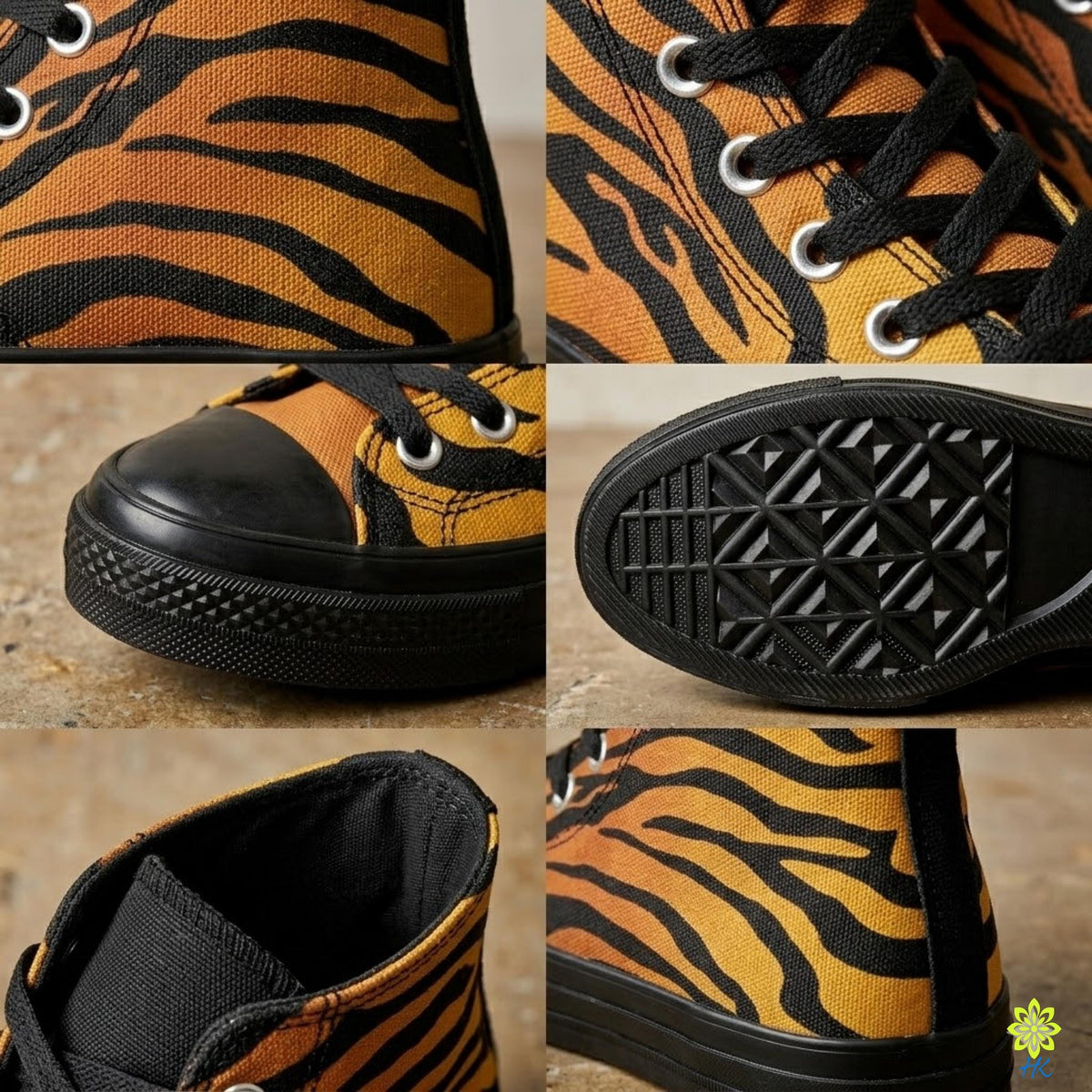 A collage of close-up images of a pair of tiger-striped high-top sneakers, showcasing the unique pattern and design.