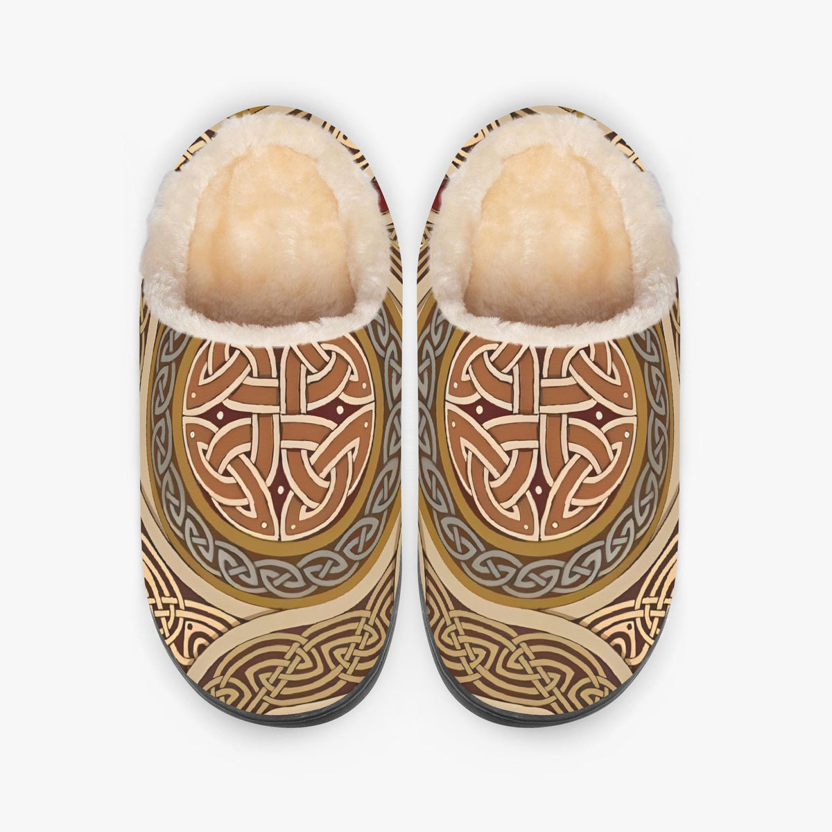 A pair of slippers with a decorative design featuring intricate patterns and a fur lining.