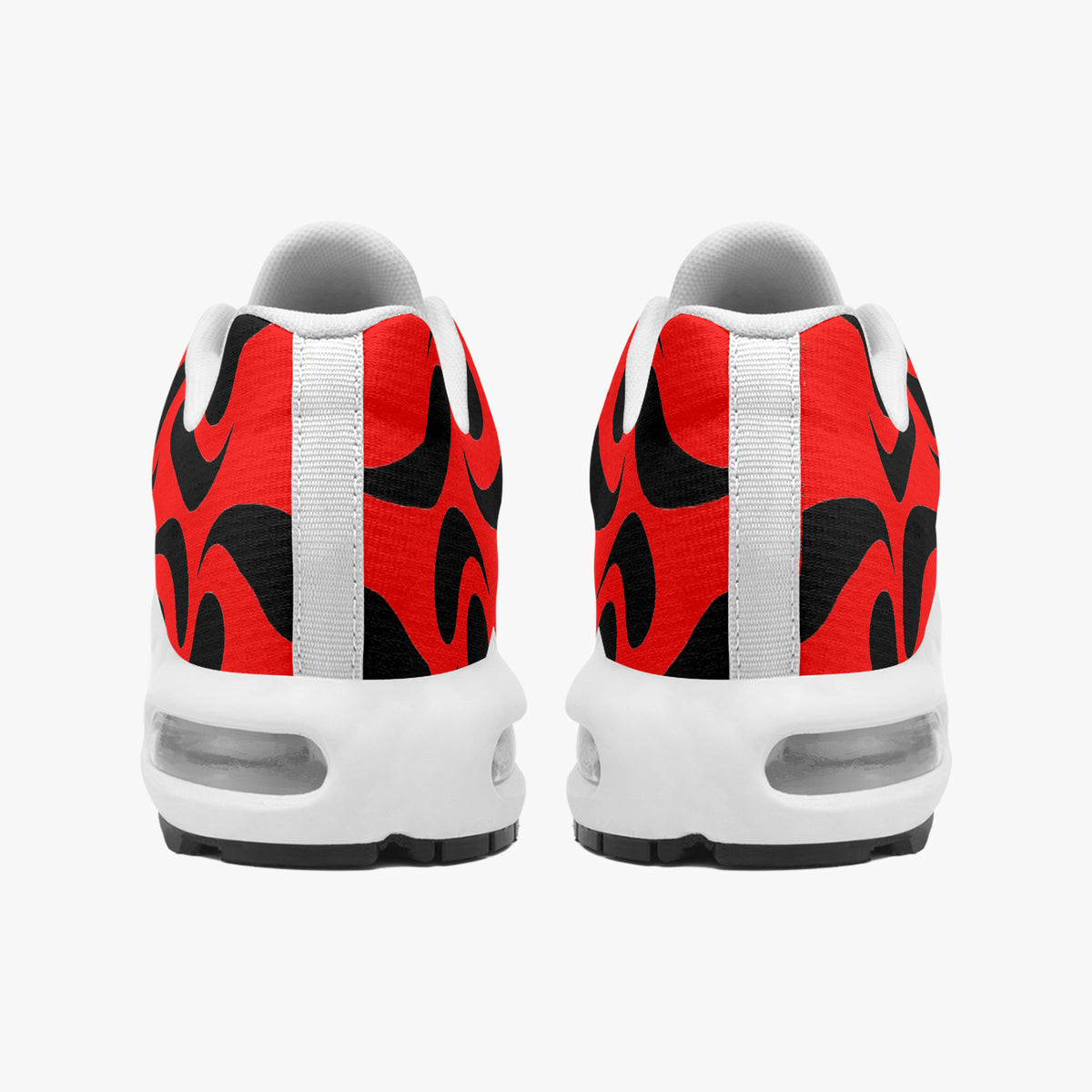 Rückansicht roter Flammen-Print Sneaker mit Fersenlasche und Luftkissen-Pods