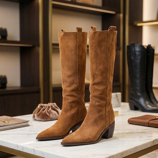 A pair of tan suede boots with pointed toes and chunky heels, displayed on a white marble countertop in a retail setting.