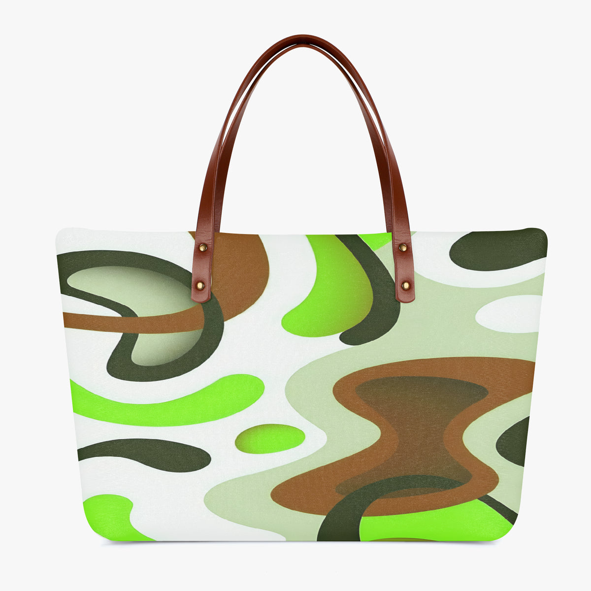 Große Reißverschluss-Tasche mit abstraktem Print und braunen Henkeln auf weißem Hintergrund