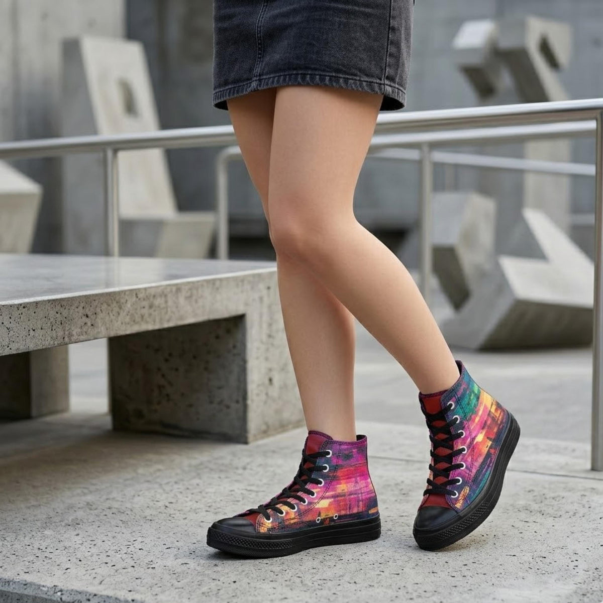 A person wearing colorful sneakers and a denim skirt is standing on a concrete surface.