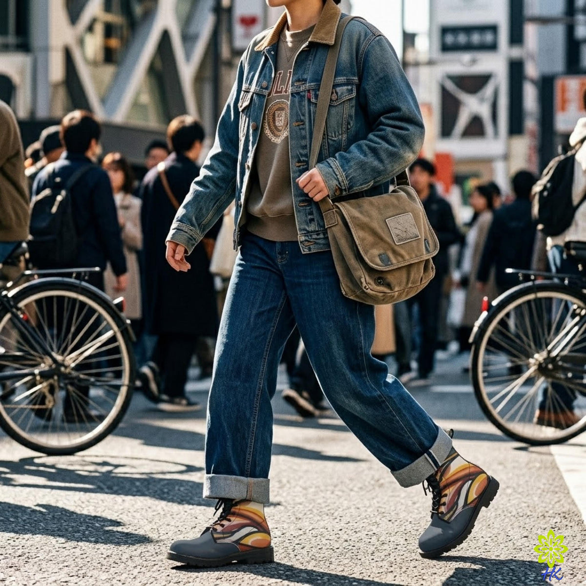 デニムジャケットとジーンズを合わせ、抽象プリント コンバットブーツを履いて路上を歩く男性