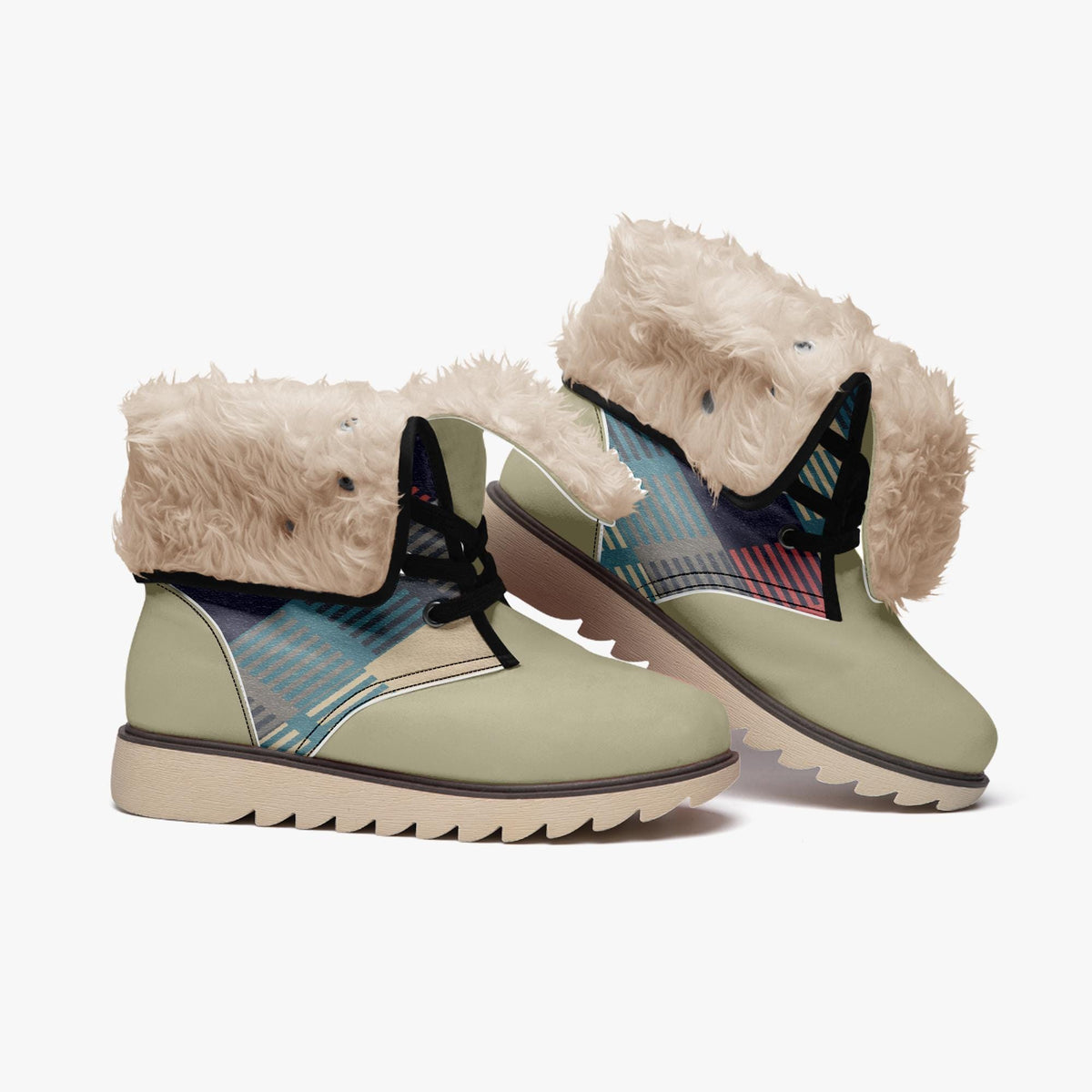 A pair of tan boots with fur trim and colorful geometric patterns on the sides.