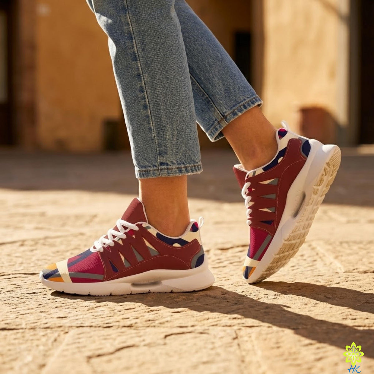 A person wearing red and white sneakers is standing on a stone surface.