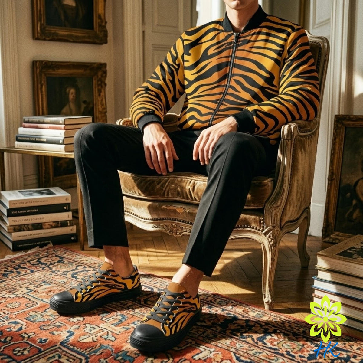 A person wearing a tiger print jacket and black pants is sitting on a chair in a room with bookshelves and paintings in the background.