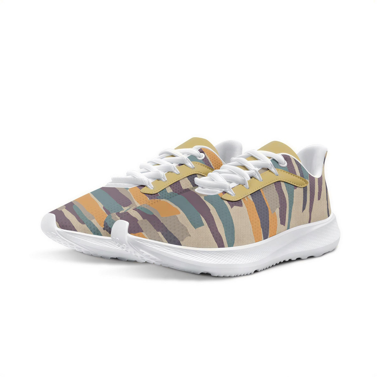 A pair of colorful, patterned sneakers with white soles and laces.