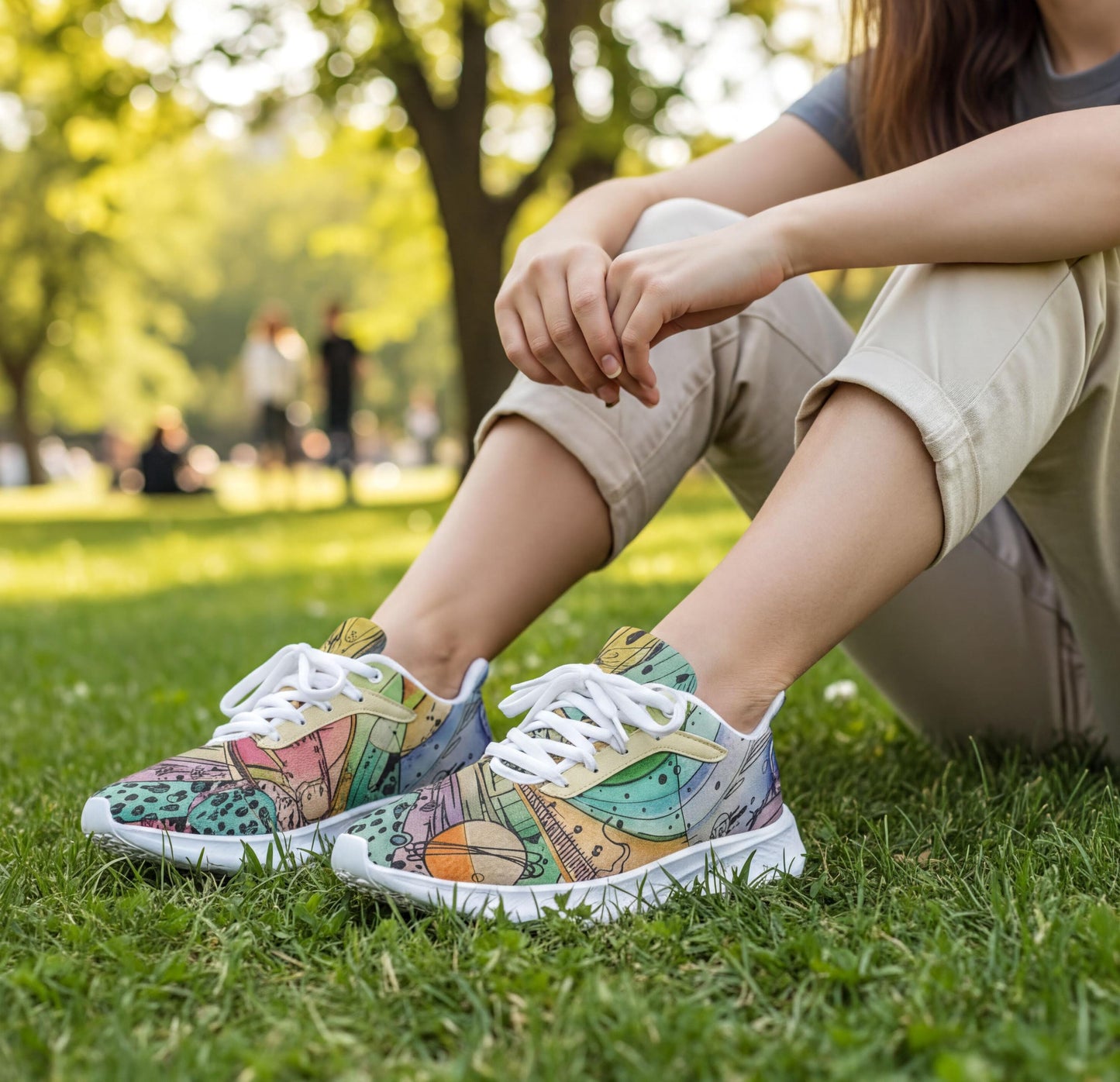 A person sitting on the grass wearing colorful sneakers with a patterned design.