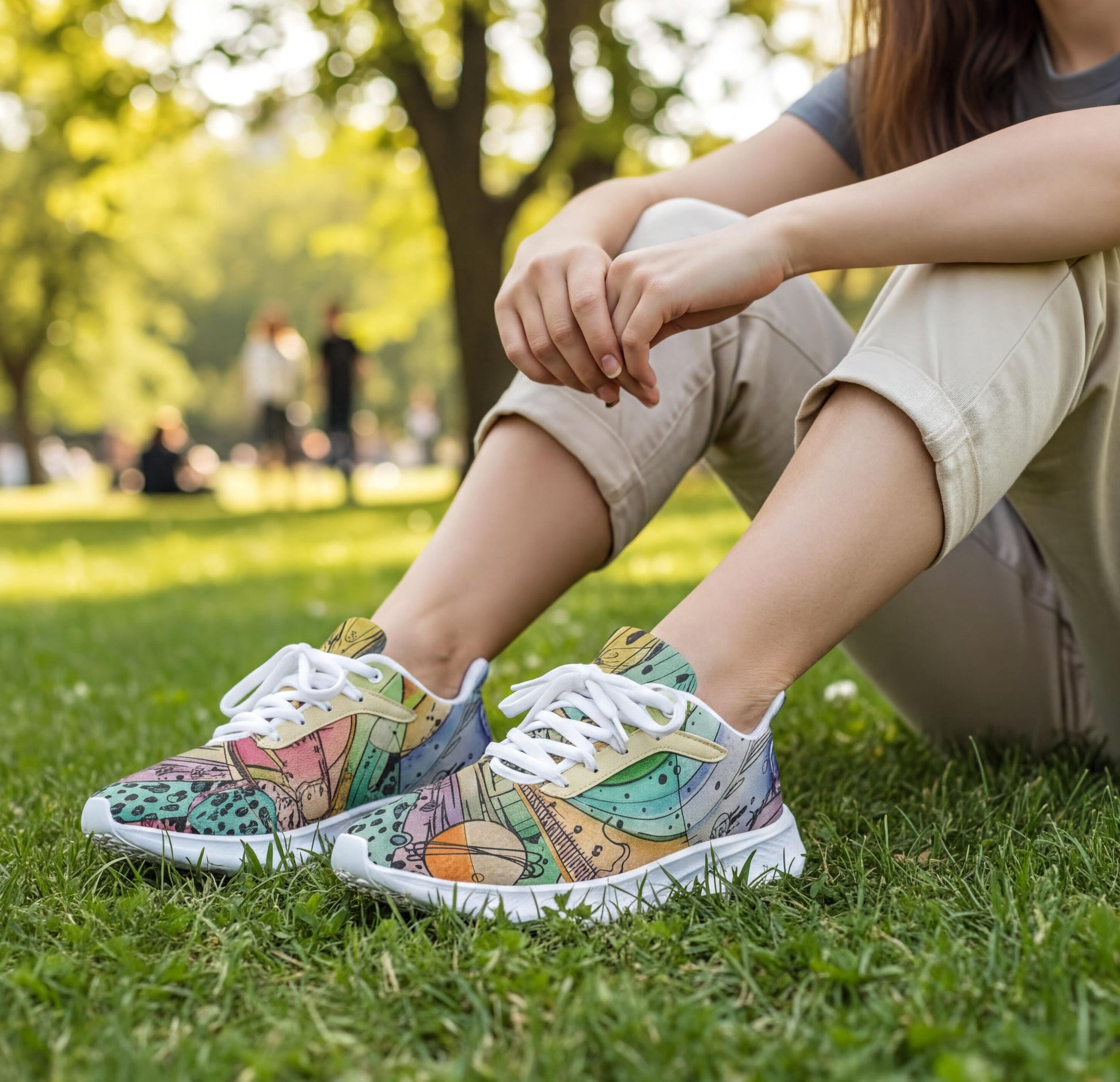 A person sitting on the grass wearing colorful sneakers with a patterned design.