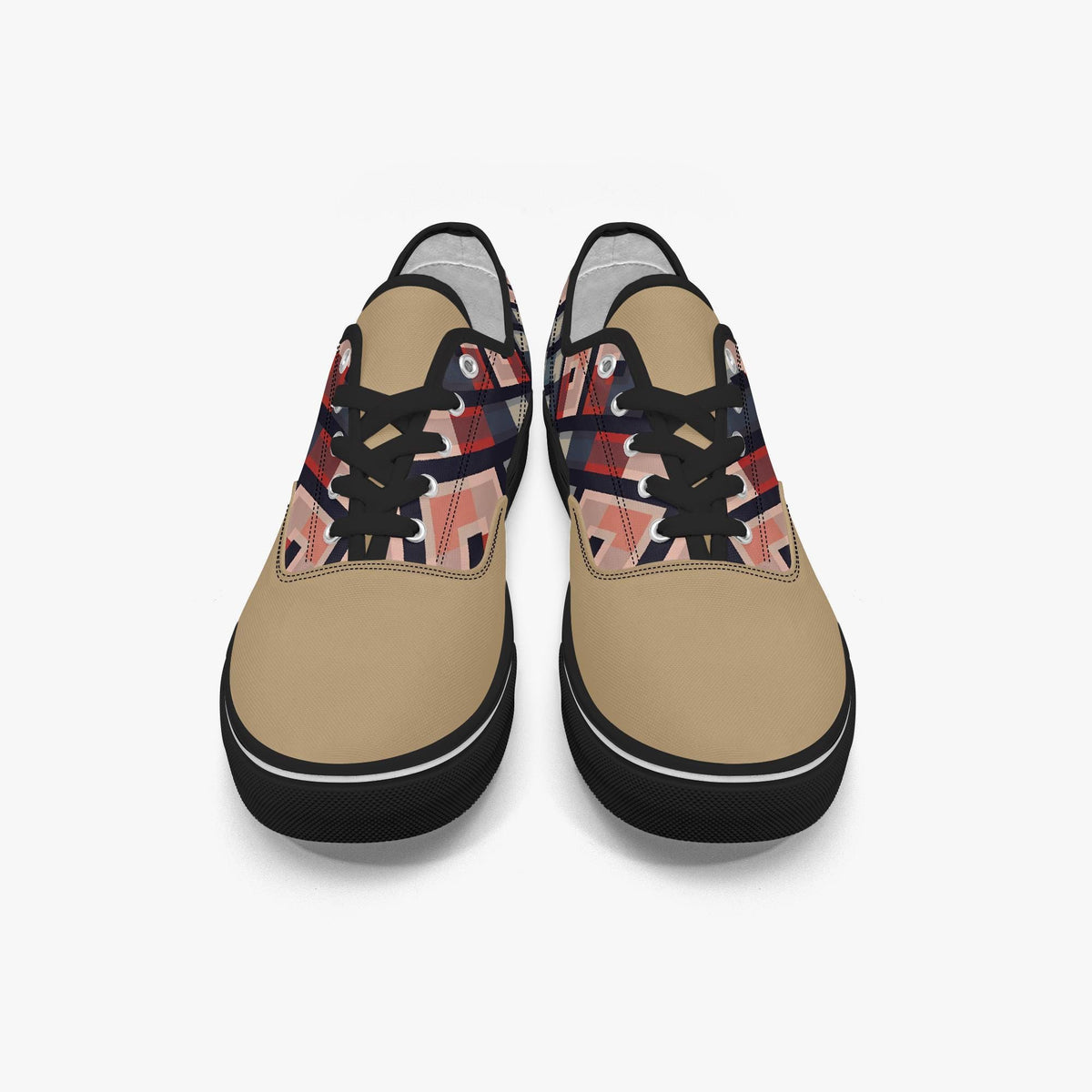 A pair of tan and black sneakers with a colorful, abstract pattern on the side.