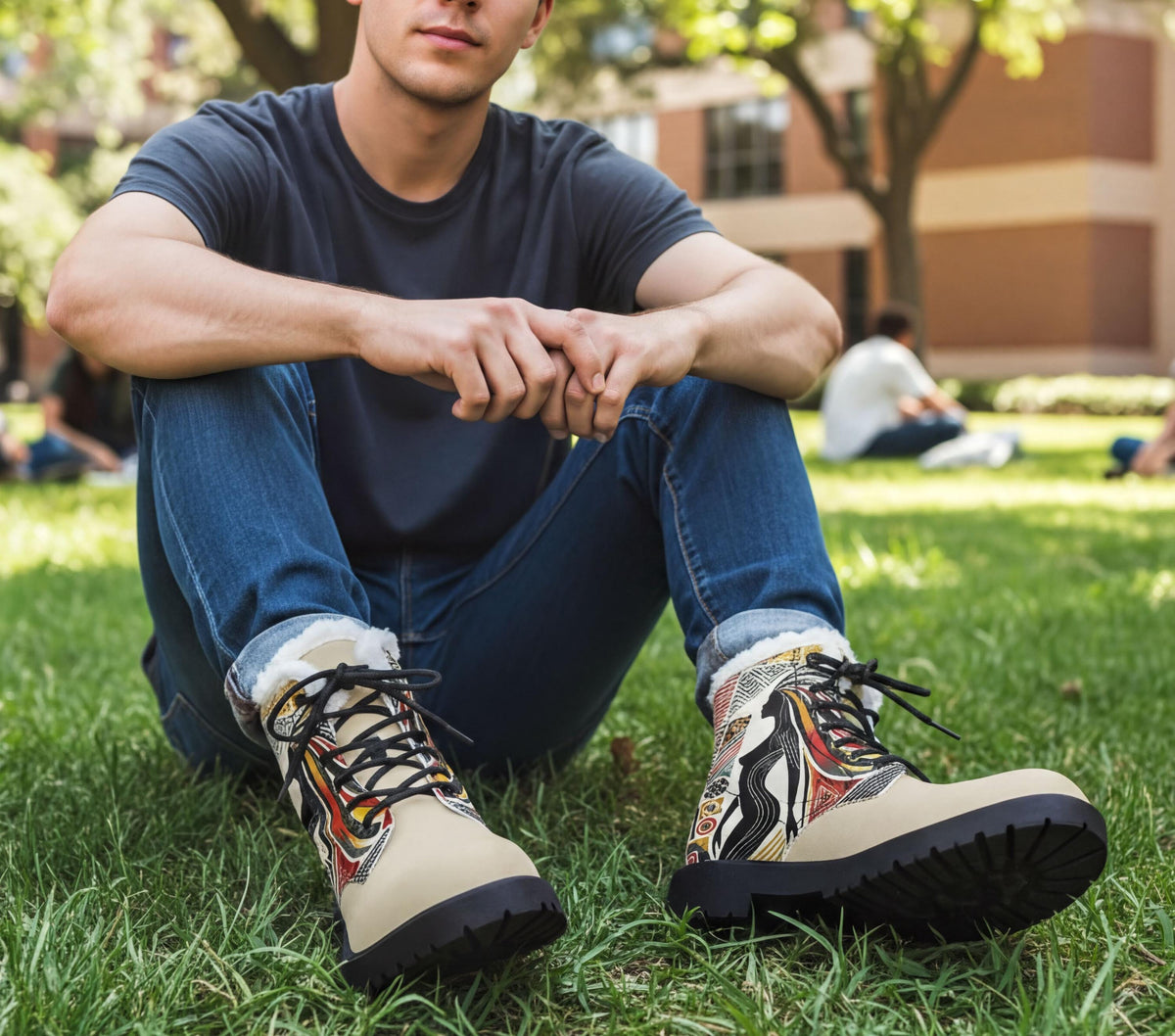 A man sitting on the grass wearing a black t-shirt, blue jeans, and colorful patterned boots.