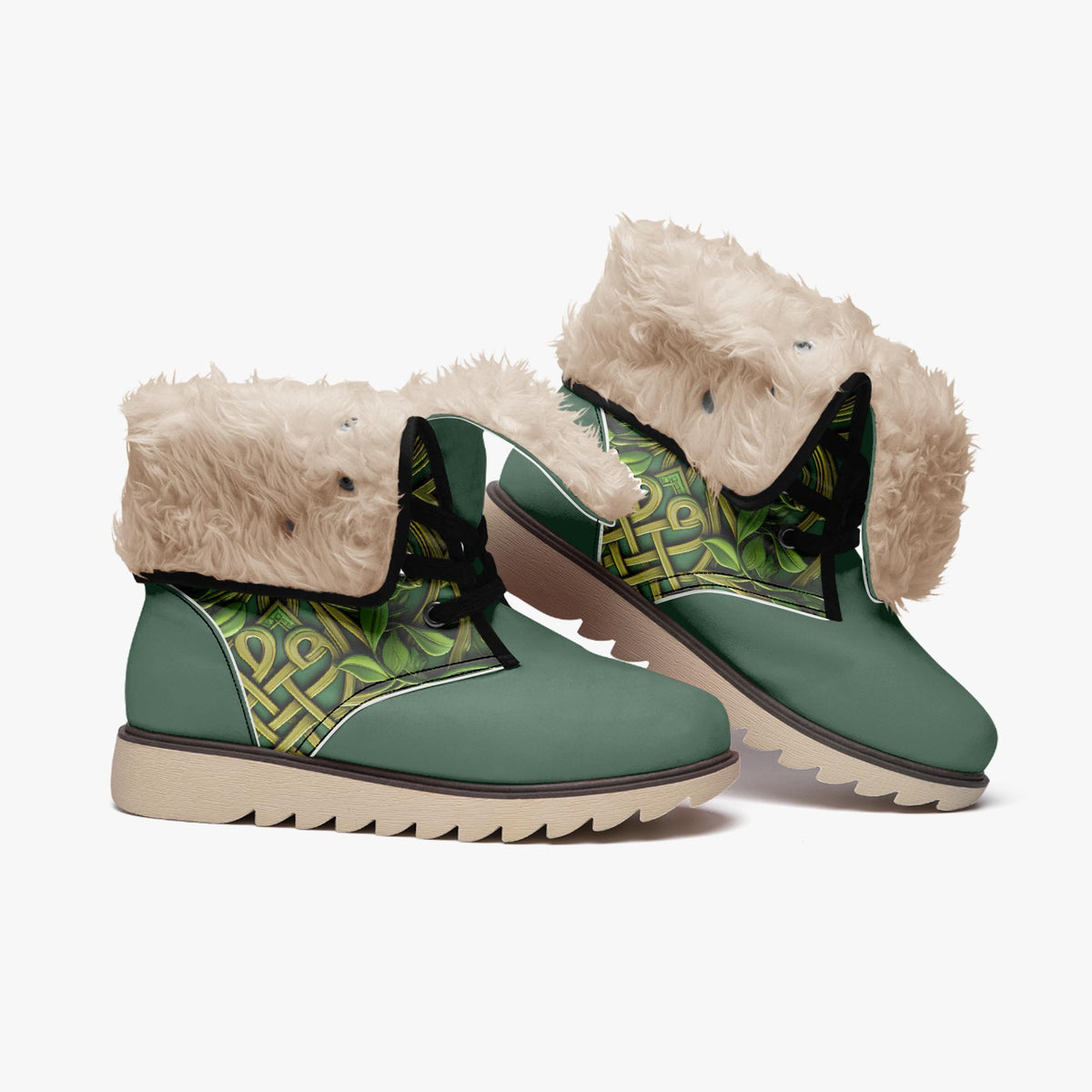 A pair of green and beige boots with fur trim, featuring a patterned design on the side.