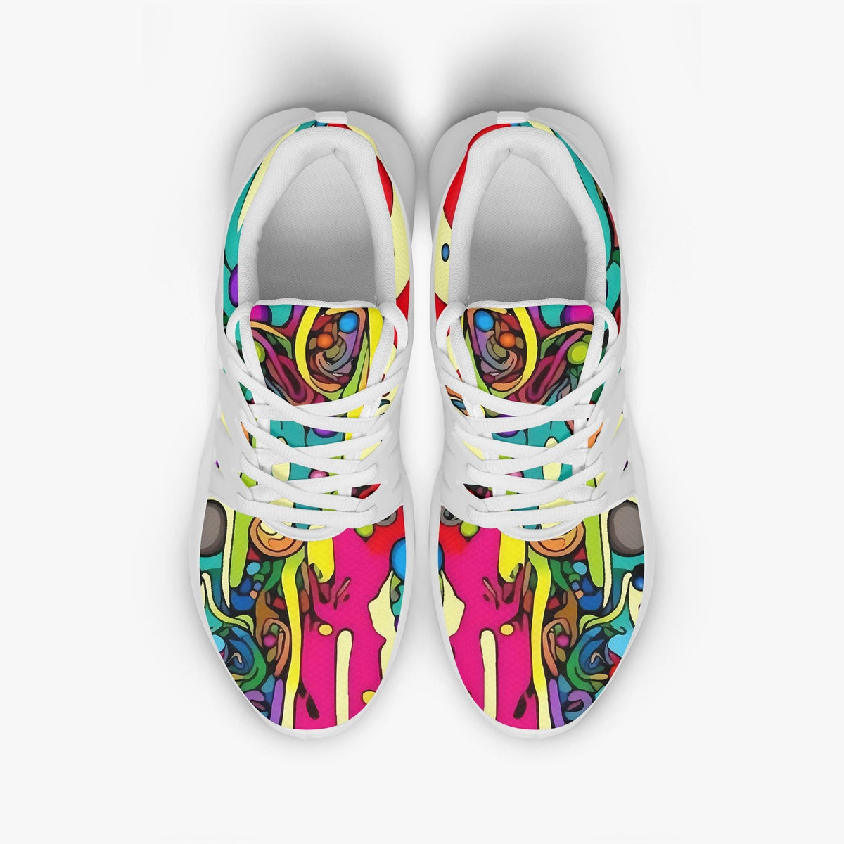 A pair of colorful, abstract-patterned sneakers with vibrant designs and patterns.