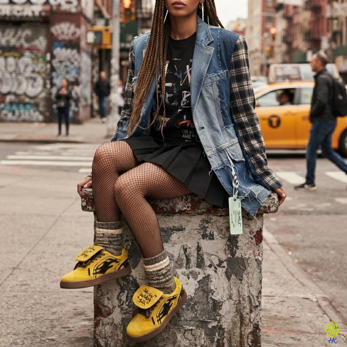 A person sitting on a concrete ledge in a city, wearing a denim jacket, fishnet stockings, and yellow sneakers with a tag.