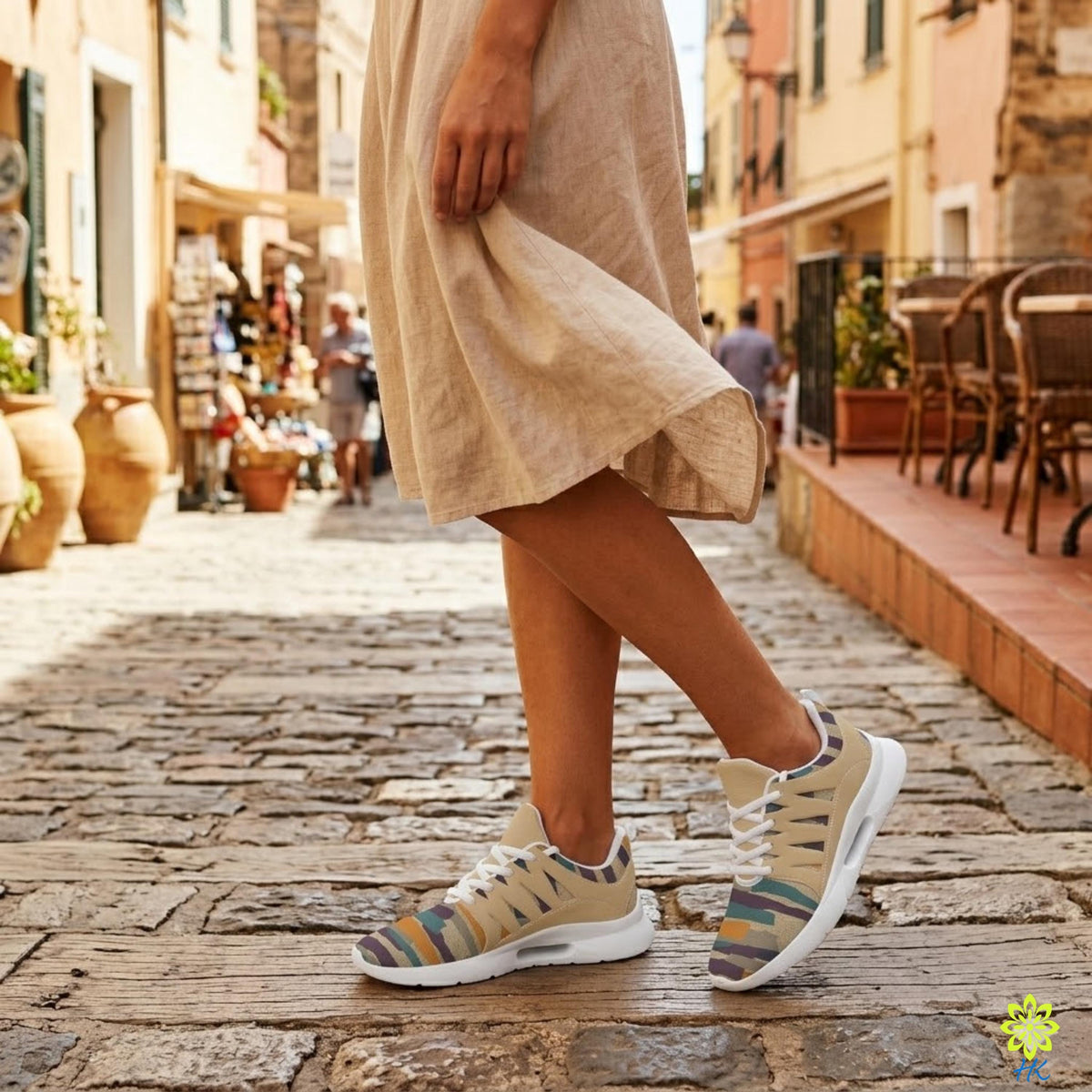 A woman wearing a beige skirt and colorful sneakers walks down a cobblestone street lined with shops and restaurants.