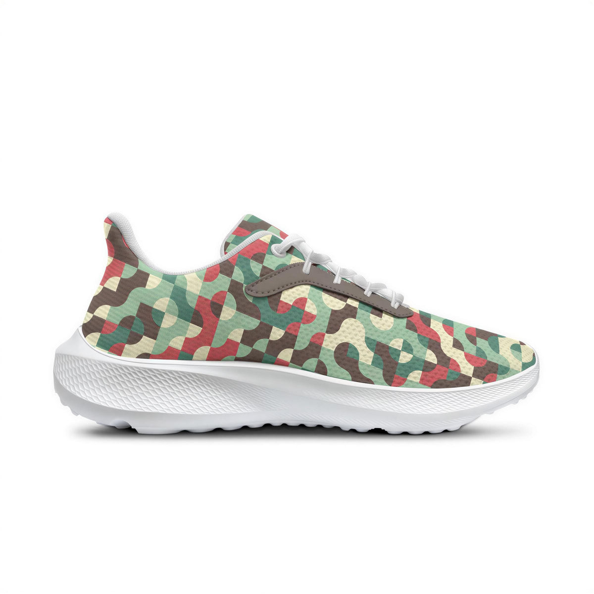 A colorful, camouflage-patterned sneaker with a white sole and laces.