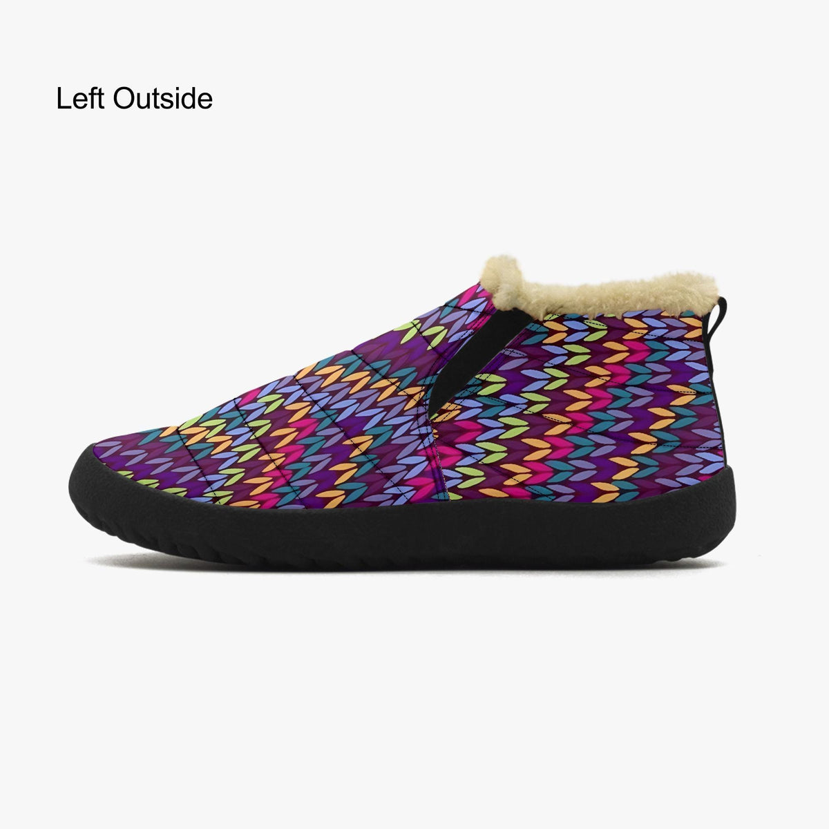 A colorful, patterned shoe with a fur lining, featuring a vibrant design of multicolored lines and shapes.