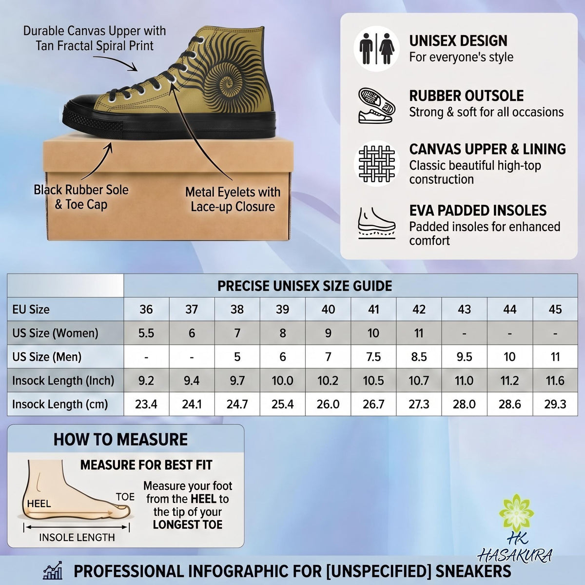 The image is a professional infographic for sneakers, providing information on the sizes and features of a shoe. It includes a close-up of the shoe, a box with the shoe size guide, and a table with the shoe size and features listed.