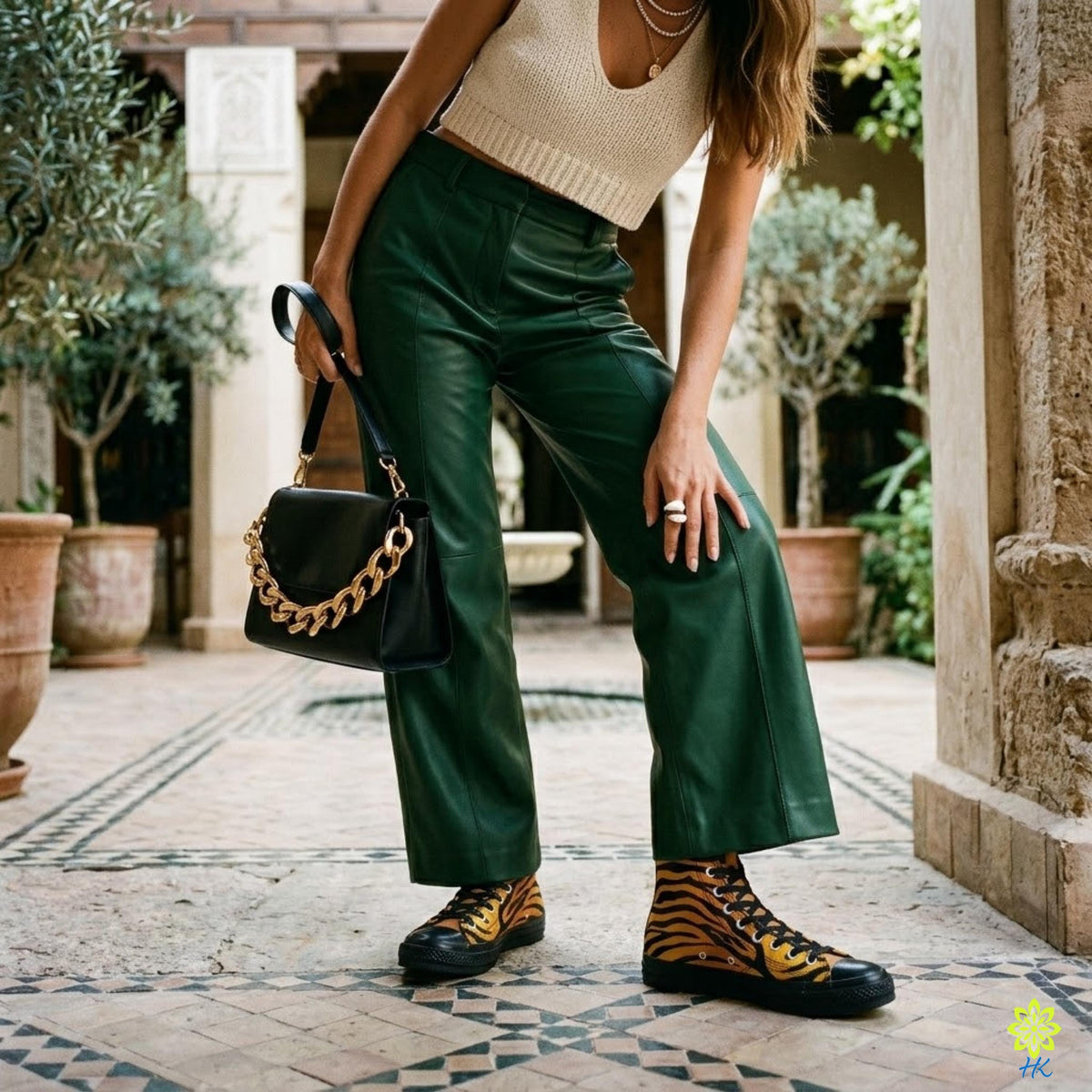 A woman wearing a white top, green pants, and yellow and black sneakers is posing in an outdoor setting with potted plants and a stone archway.