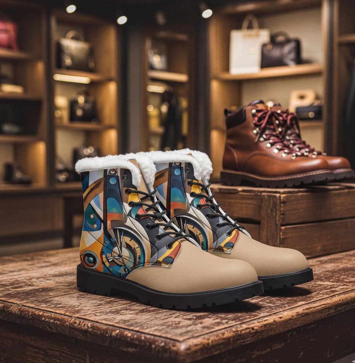A pair of colorful, patterned boots with fur lining, displayed on a wooden shelf in a store.