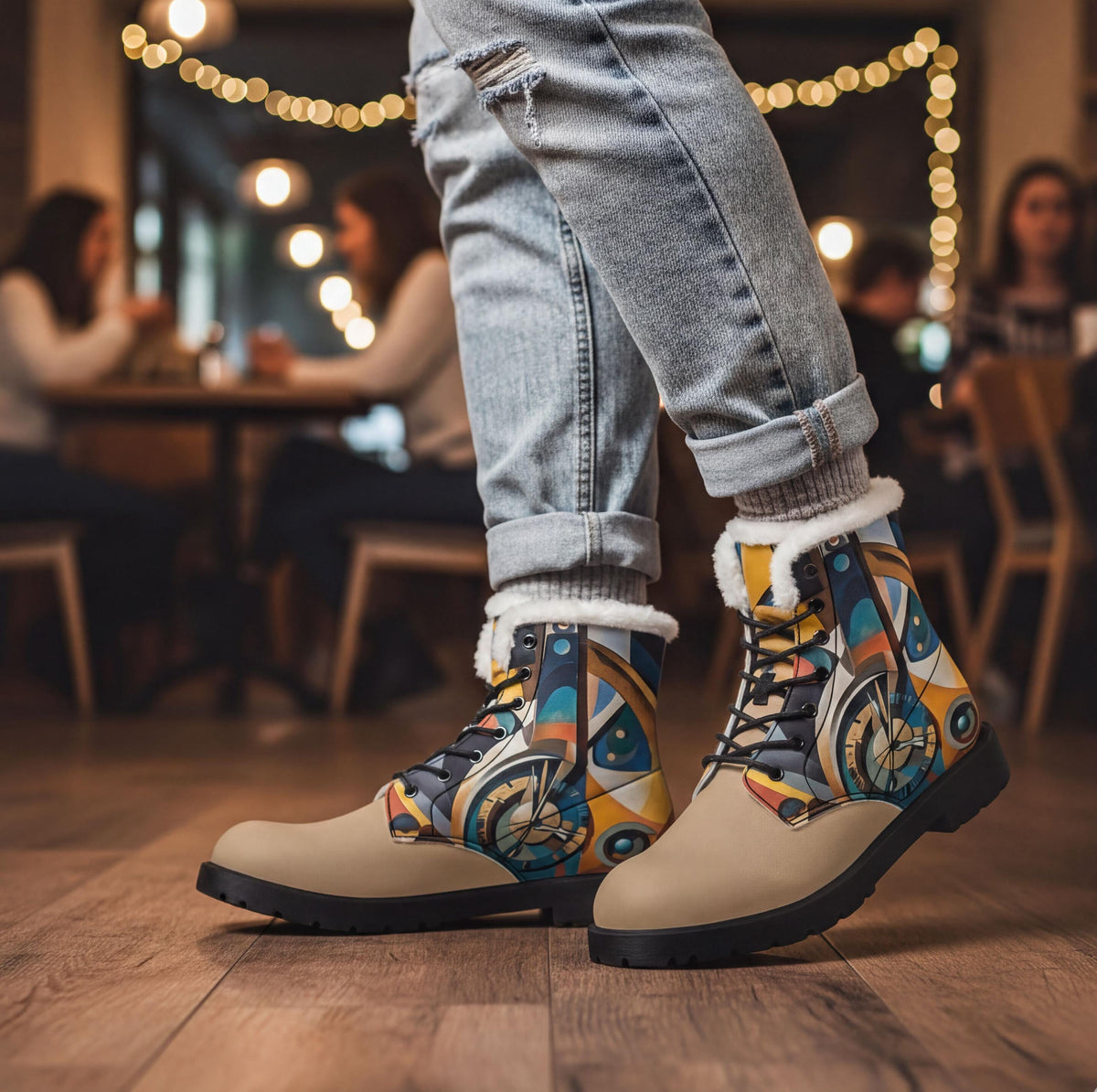 A person wearing colorful patterned boots stands in a room with other people in the background.