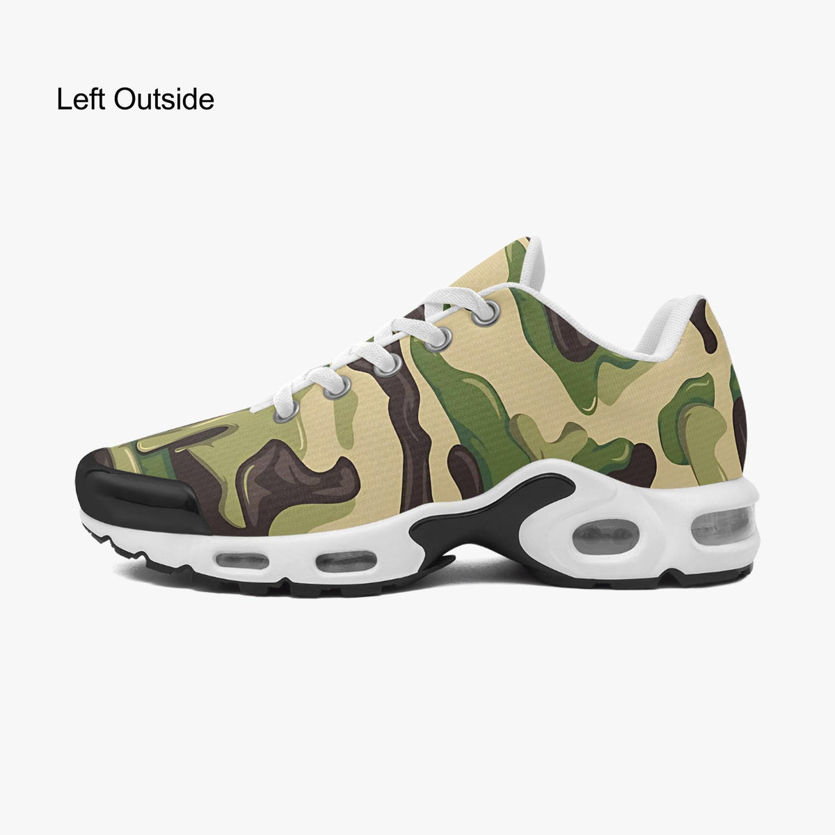 A camouflage-patterned sneaker with a white sole and laces, displayed against a white background.