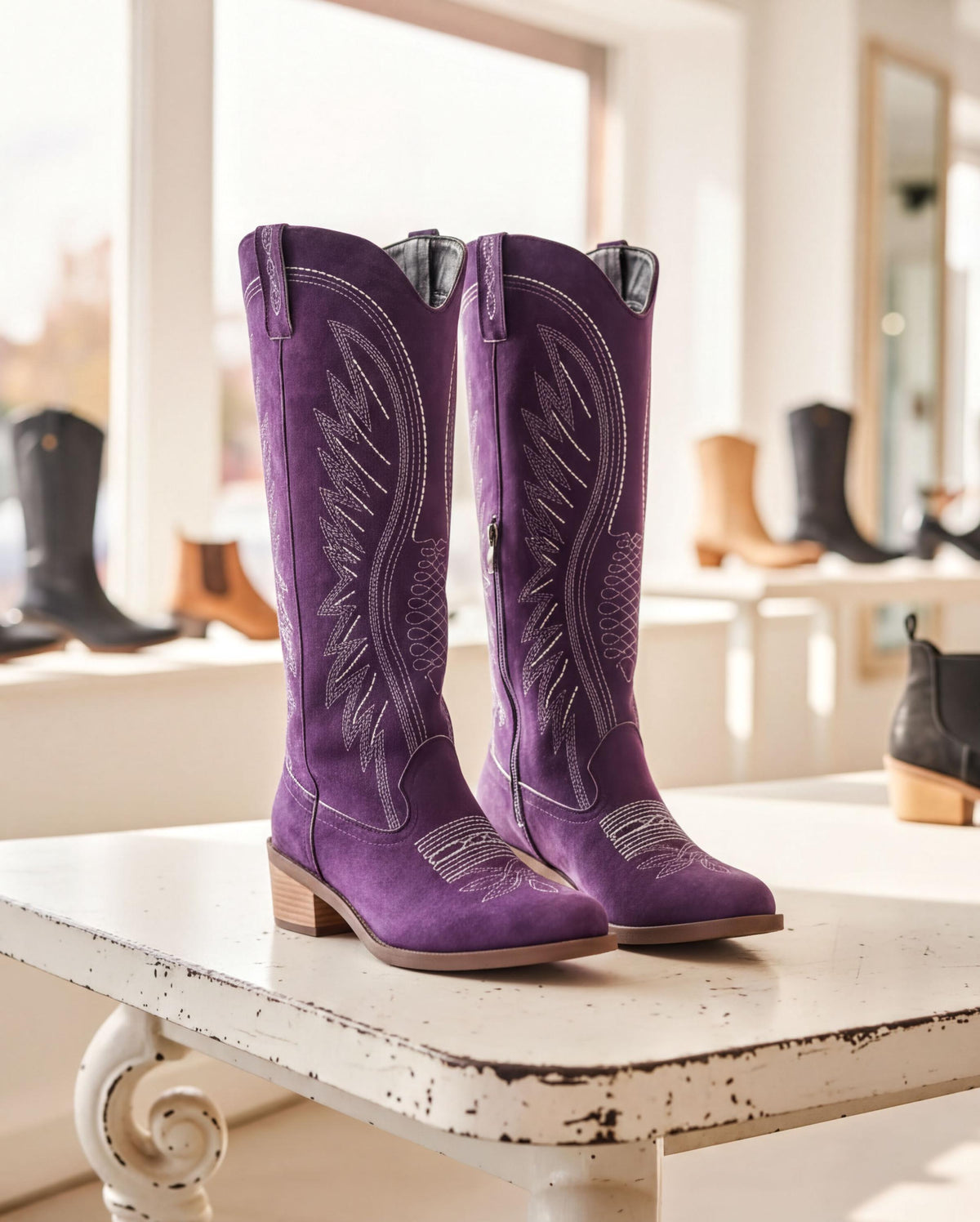 A pair of purple suede cowboy boots with intricate embroidered designs on the sides and heels, displayed on a white table in a retail setting.