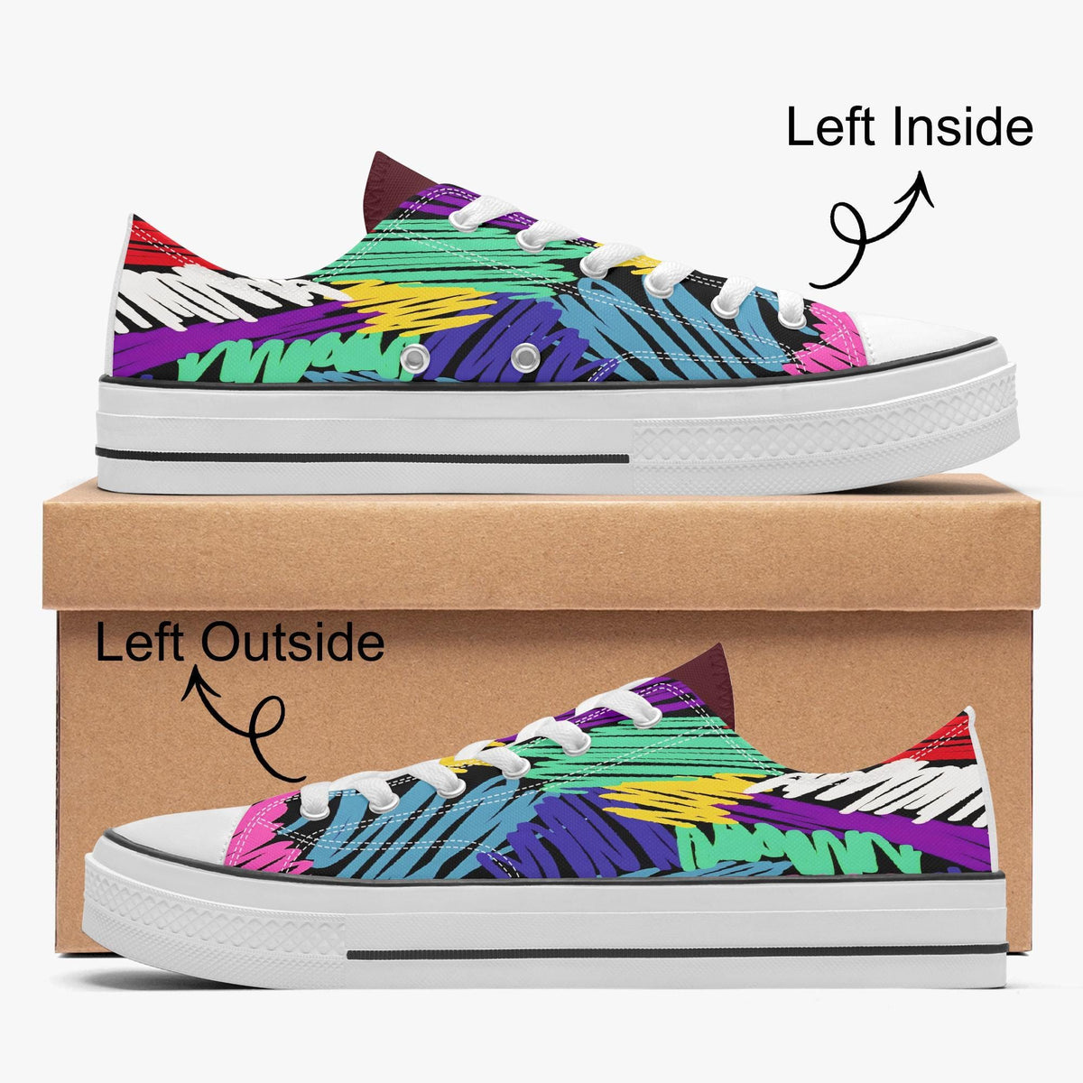 a pair of colorful, patterned sneakers with a left and right side view, placed on top of a cardboard box.