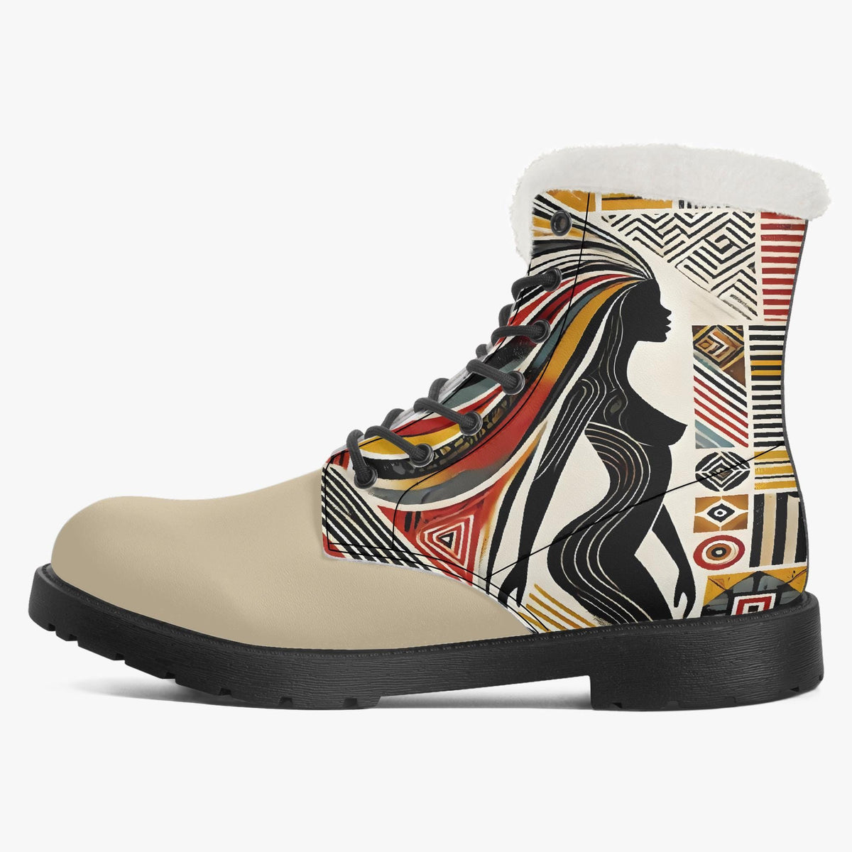 A beige boot with a colorful, abstract pattern featuring a silhouette of a woman's head and a geometric design.