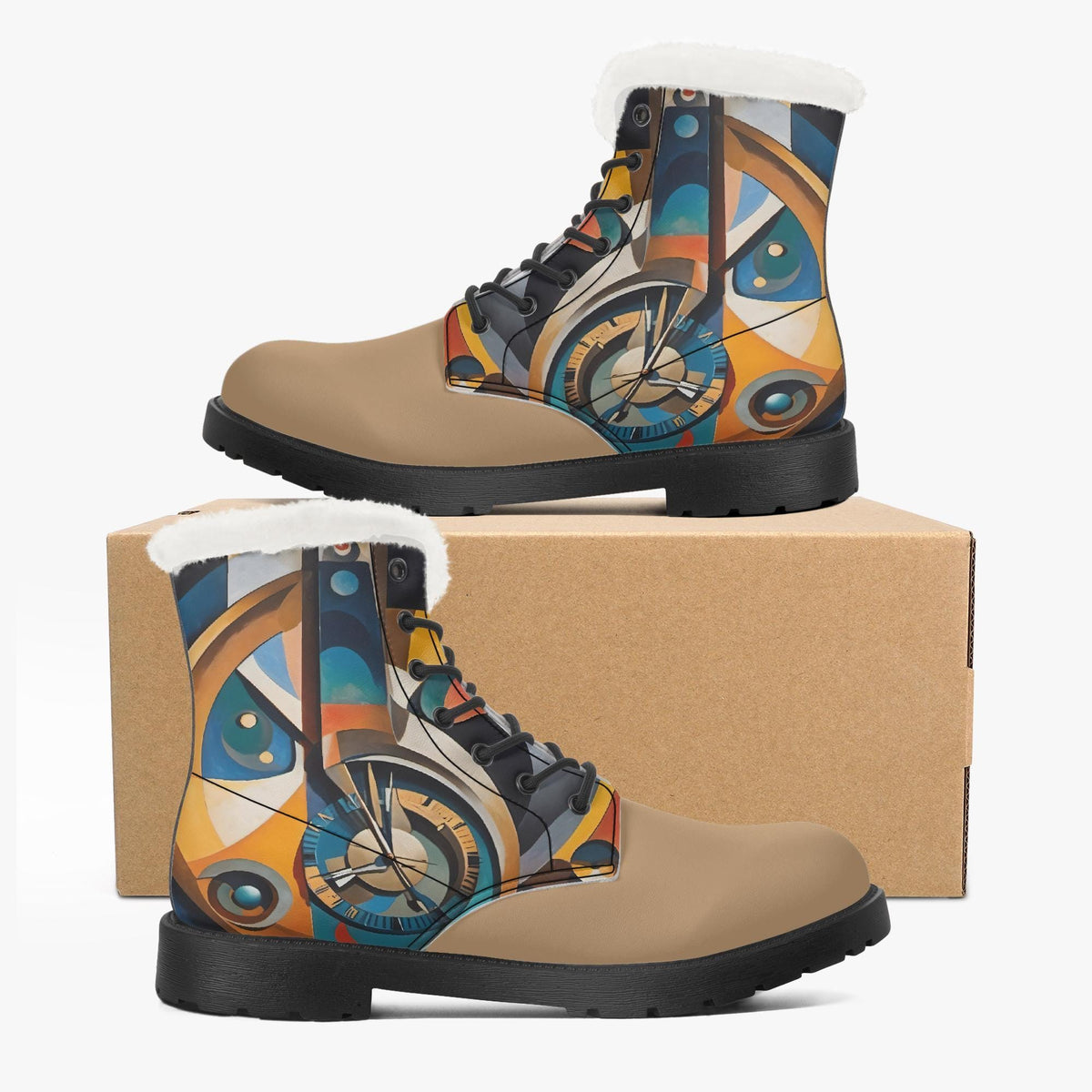 A pair of colorful, abstract-patterned boots with fur lining, displayed on a cardboard box.