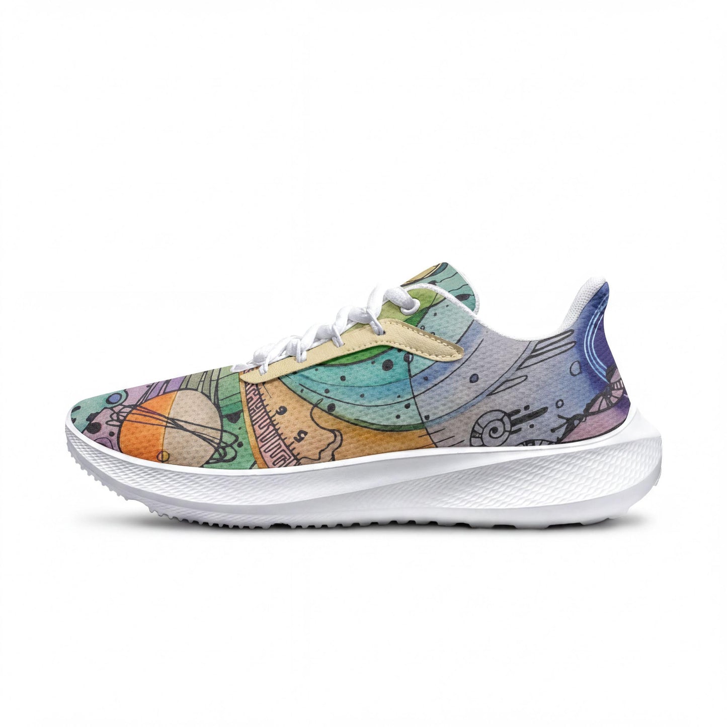 A colorful, abstract-patterned sneaker with a white sole and laces.