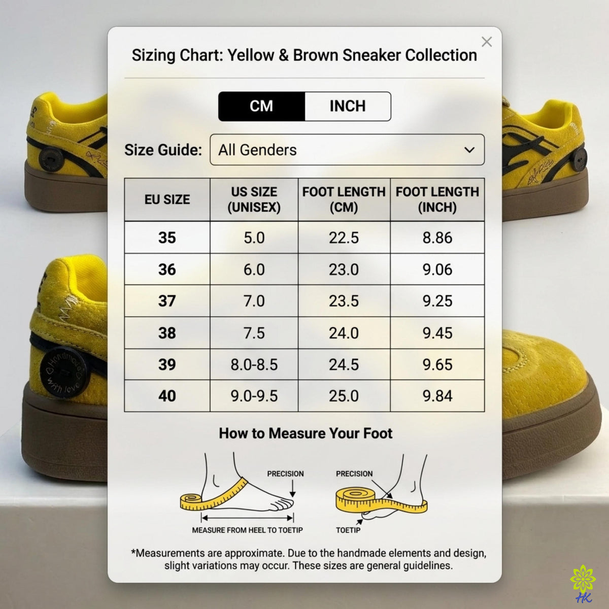 a sizing chart for a yellow and brown sneaker collection, providing measurements and foot length guidelines for different shoe sizes.