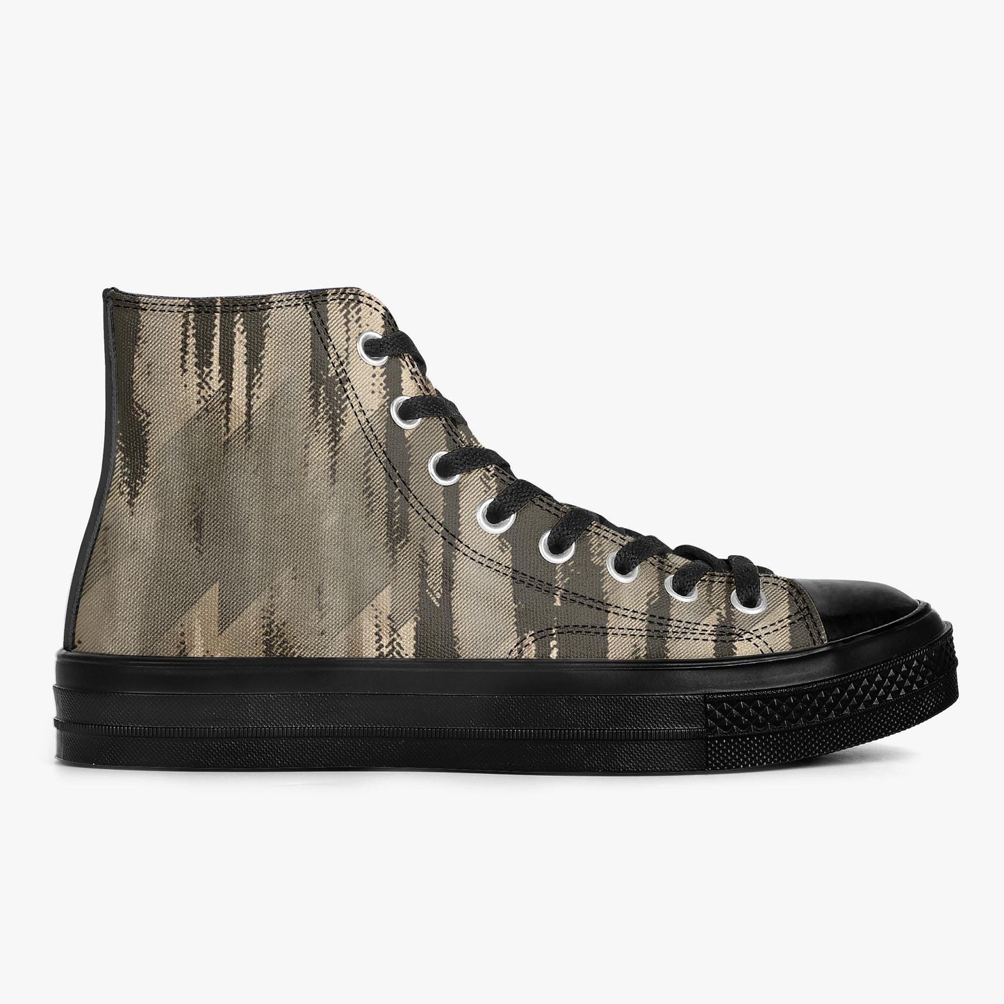 A pair of high-top sneakers with a camouflage print pattern on the side and a black rubber sole.