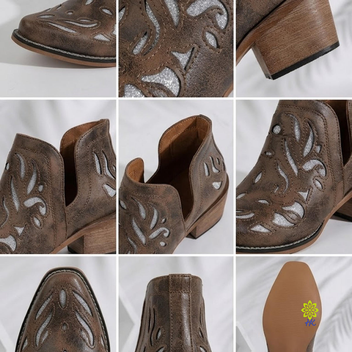 Brown PU Western Ankle Boot with Cutout Detail and Chunky Heel