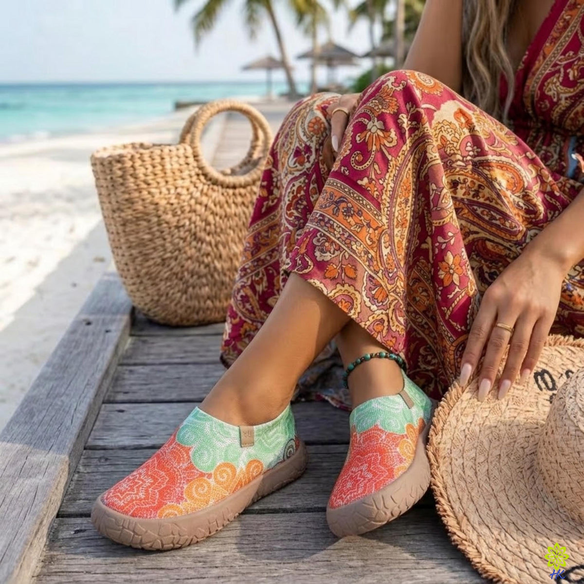 Scarpe slip-on a mandala indossate con un maxi abito a fantasia in spiaggia con una borsa intrecciata