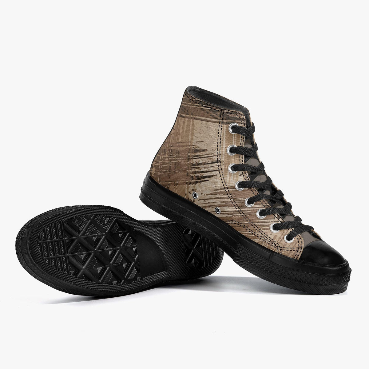 A pair of black and tan high-top sneakers with a distinctive patterned design.