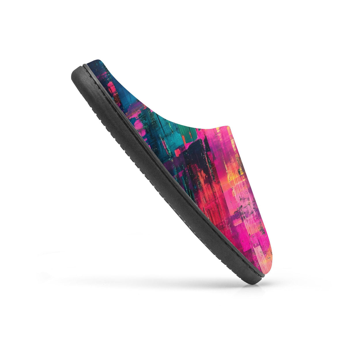 A colorful, abstract patterned shoe is shown against a white background.