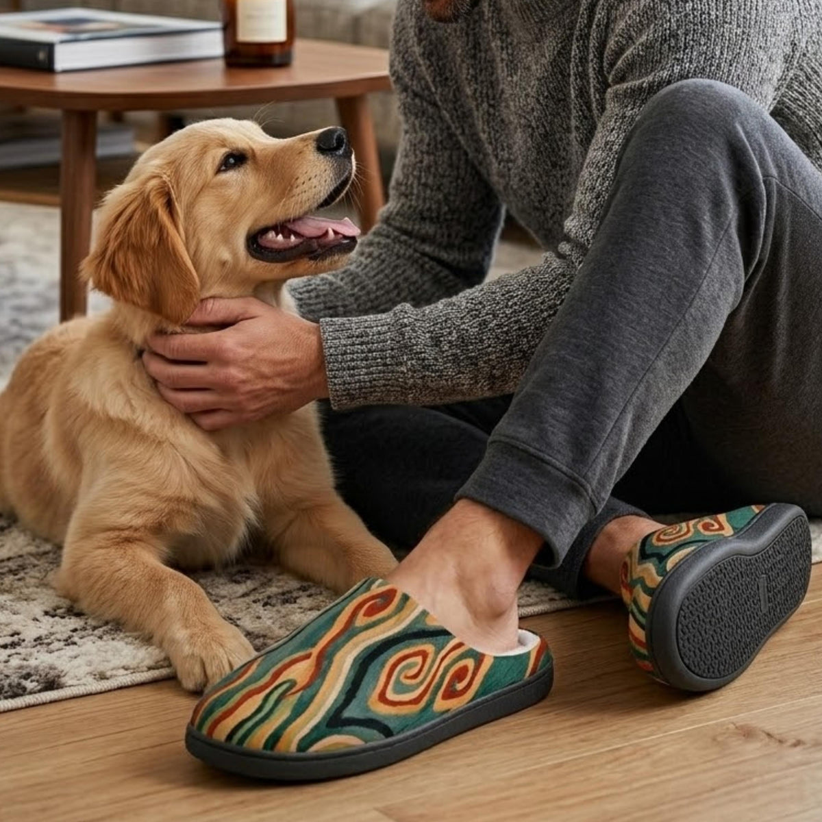 A person is sitting on the floor, petting a golden retriever dog, while wearing colorful slippers.