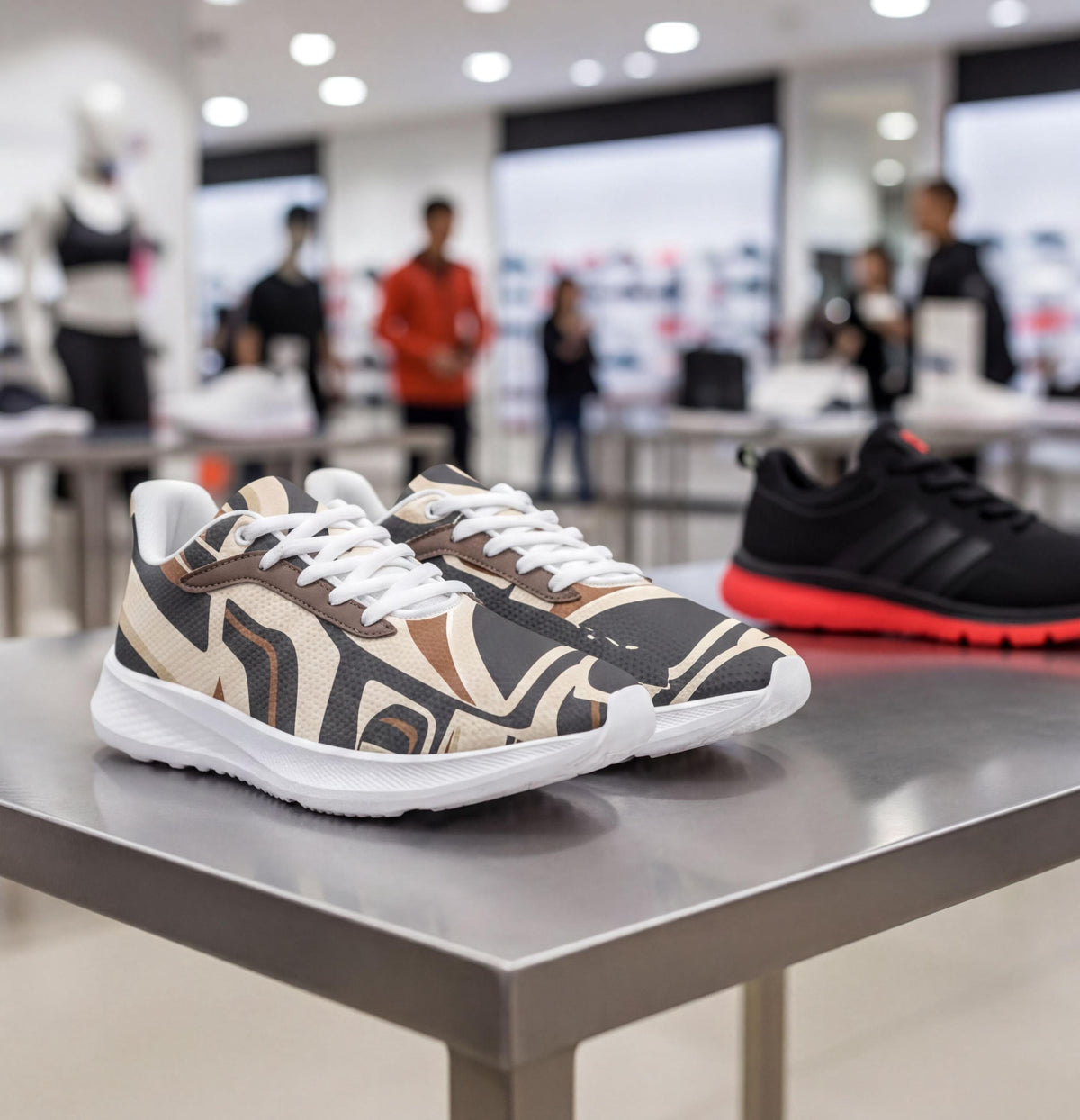 A pair of patterned sneakers on display in a store, with other shoes visible in the background.