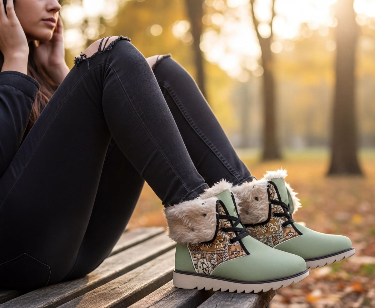 A woman sits on a bench in a park, wearing black pants and green boots with fur trim.