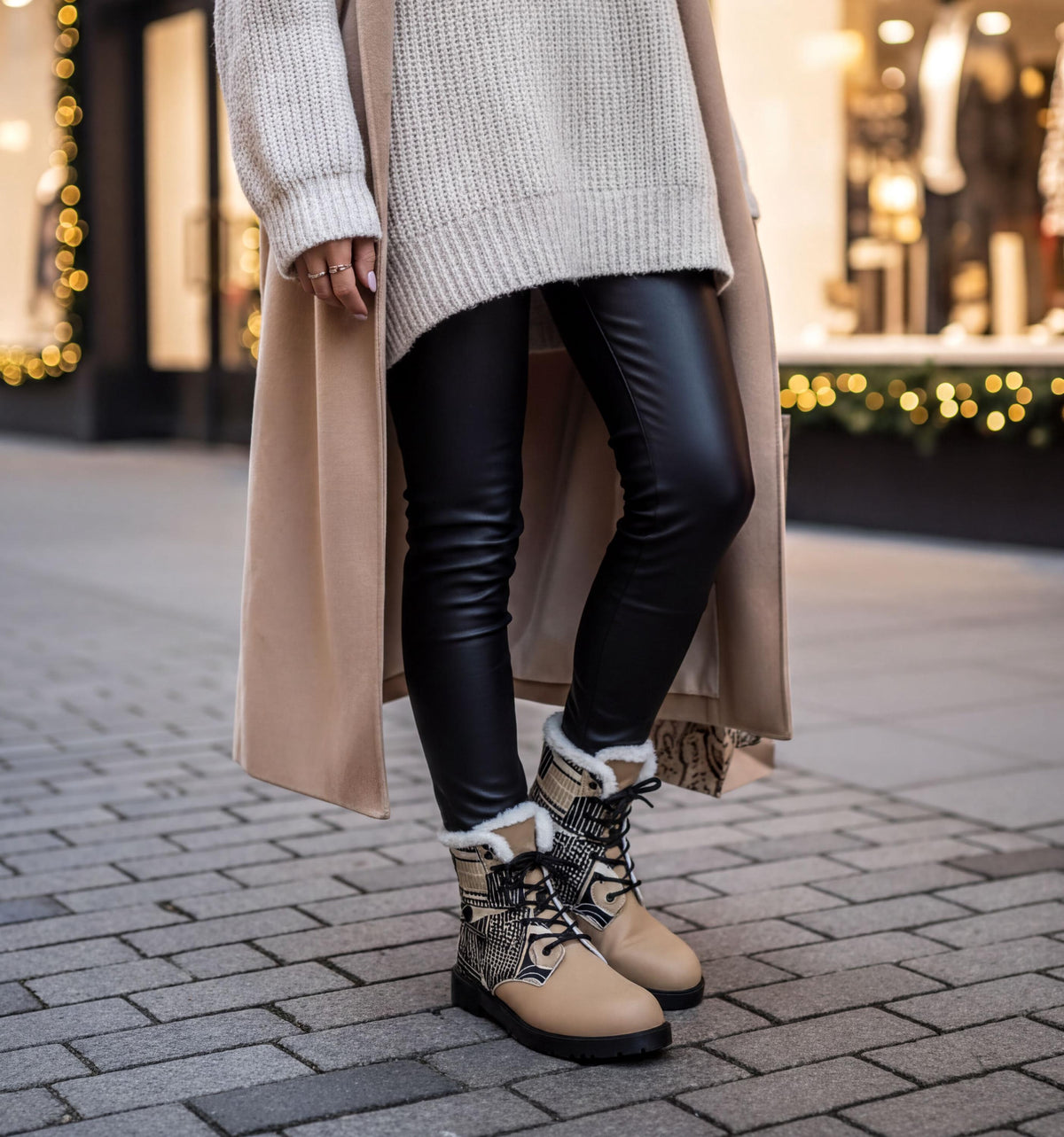 A person wearing a beige coat, black pants, and tan boots stands on a brick sidewalk, with a blurred background of a store window and holiday lights.