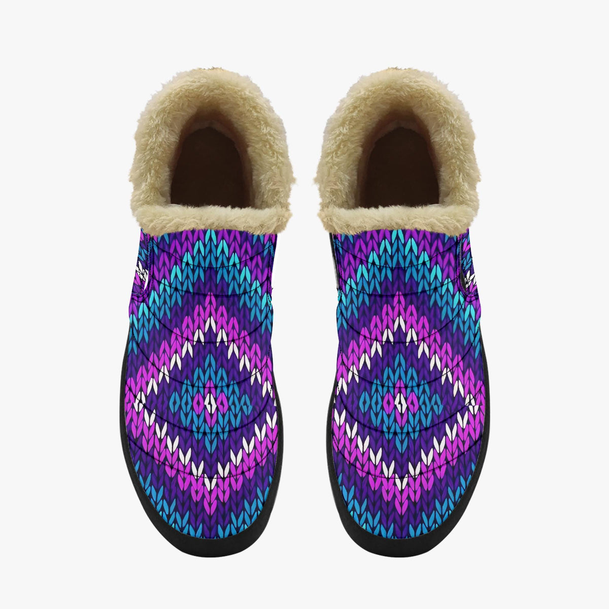 A pair of colorful, knitted slippers with a fur lining.